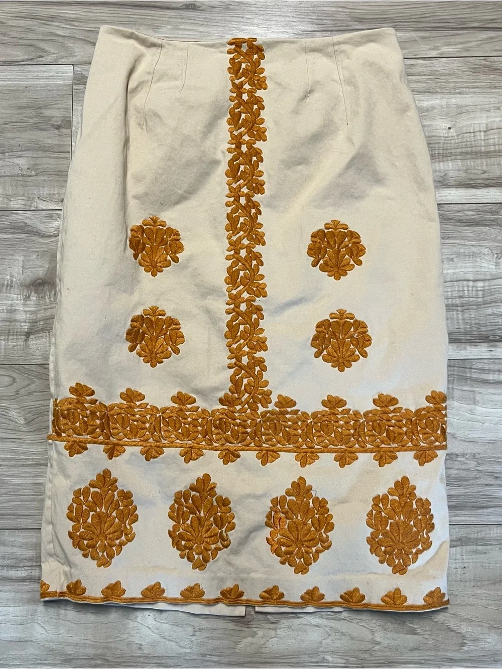 Anthropologie Cream Midi Skirt with Mustard Embroidery